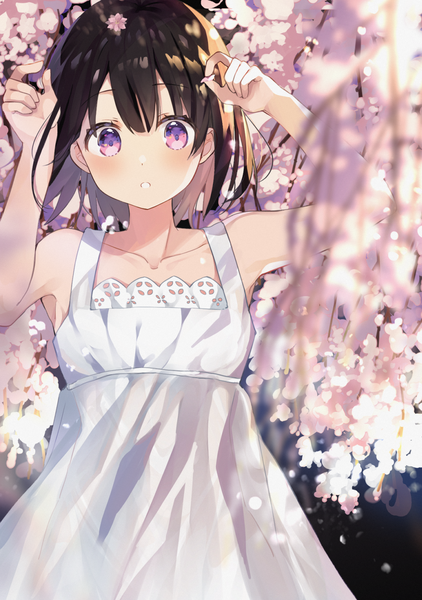 Anime picture 1149x1632 with original yushima single tall image looking at viewer blush fringe short hair black hair hair between eyes standing purple eyes bare shoulders parted lips arms up sleeveless cherry blossoms girl dress white dress