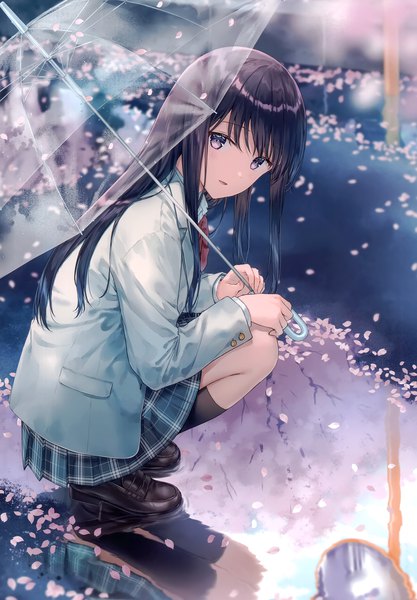 Anime picture 2406x3464 with original hiten (hitenkei) single long hair tall image looking at viewer fringe highres open mouth black hair purple eyes holding full body outdoors blunt bangs long sleeves scan cherry blossoms turning head plaid skirt