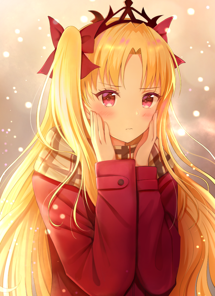 Anime picture 800x1100 with fate (series) fate/grand order ereshkigal (fate) nasii single long hair tall image looking at viewer blush fringe blonde hair red eyes upper body two side up snowing exhalation hands on face 3: girl ribbon (ribbons)