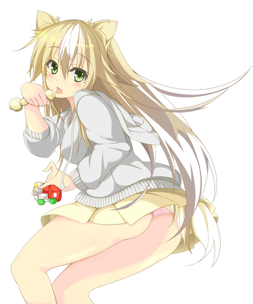 Anime picture 3000x3605 with original n.fox long hair tall image looking at viewer blush highres open mouth light erotic blonde hair green eyes ass multicolored hair pantyshot legs transparent background girl sweater