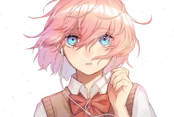 Anime-Bild 2039x1378 mit original usuke (u skeeep) single looking at viewer fringe highres short hair blue eyes hair between eyes white background pink hair parted lips fingernails lips sparkle girl headphones bowtie