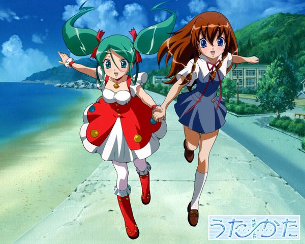 Anime picture 1280x1024 with uta-kata tachibana ichika kuroki manatsu gotou keiji long hair blush blue eyes smile brown hair twintails multiple girls green eyes outdoors green hair beach bell collar girl dress skirt ribbon (ribbons)