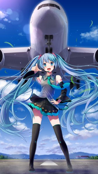 Anime-Bild 720x1280 mit vocaloid hatsune miku maou (mischief2004) single long hair tall image looking at viewer blush fringe open mouth blue eyes smile twintails bare shoulders blue hair sky cloud (clouds) full body outdoors :d