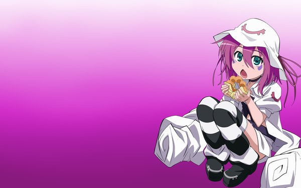 Anime picture 2560x1600 with yumekui merry merry nightmare torasen (artist) single highres short hair open mouth simple background wide image sitting green eyes purple hair eating face paint girl thighhighs hat food striped thighhighs doughnut
