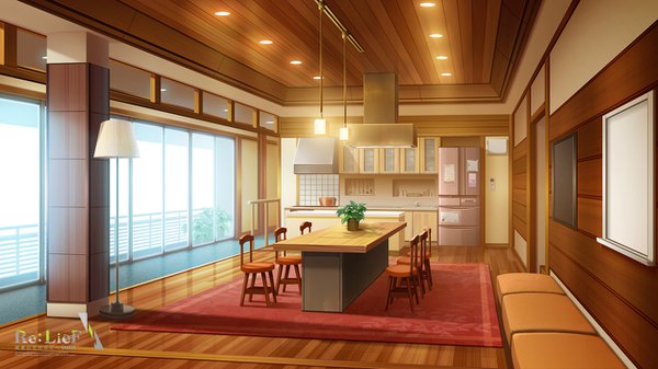 Anime picture 1280x720 with re:lief ebisutaro wide image inscription copyright name no people plant (plants) window chair table lamp potted plant pillar column kitchen refrigerator