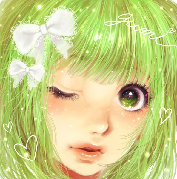 Anime picture 1000x1013 with vocaloid gumi minami haruya single tall image looking at viewer blush short hair open mouth green eyes parted lips one eye closed green hair wink inscription glowing close-up face girl bow