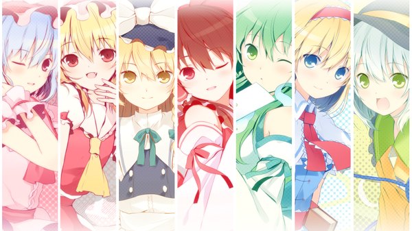 Anime picture 1920x1080 with touhou hakurei reimu flandre scarlet remilia scarlet kirisame marisa kochiya sanae alice margatroid komeiji koishi 6u (eternal land) long hair blush highres short hair open mouth blue eyes blonde hair red eyes wide image multiple girls green eyes