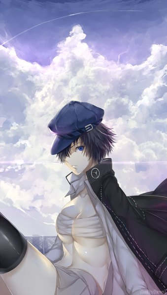 Anime picture 637x1125 with persona 4 persona persona 4 golden shirogane naoto hews single tall image looking at viewer fringe short hair breasts blue eyes light erotic brown hair sitting sky cloud (clouds) hair over one eye open clothes no bra