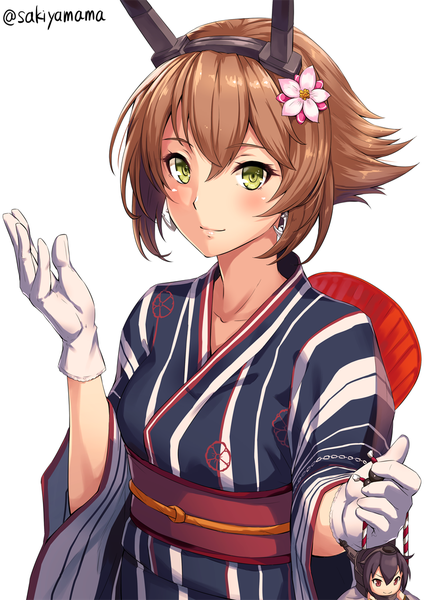 Anime picture 800x1131 with kantai collection nagato battleship mutsu battleship sakiyamama single tall image looking at viewer blush fringe short hair simple background hair between eyes brown hair standing white background holding green eyes signed traditional clothes japanese clothes