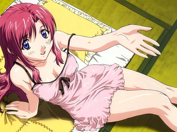 Anime picture 1024x768 with onegai teacher megami magazine kazami mizuho makino ryuuichi single long hair looking at viewer breasts open mouth light erotic smile large breasts sitting purple eyes cleavage red hair from above arm support strap slip outstretched hand