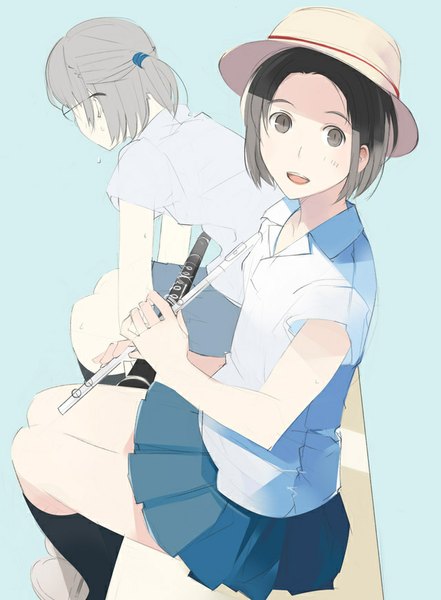 Anime picture 640x870 with original thomas (pixiv 6378) tall image looking at viewer short hair open mouth simple background brown hair multiple girls brown eyes ponytail from above looking down blue background girl uniform 2 girls school uniform hat socks