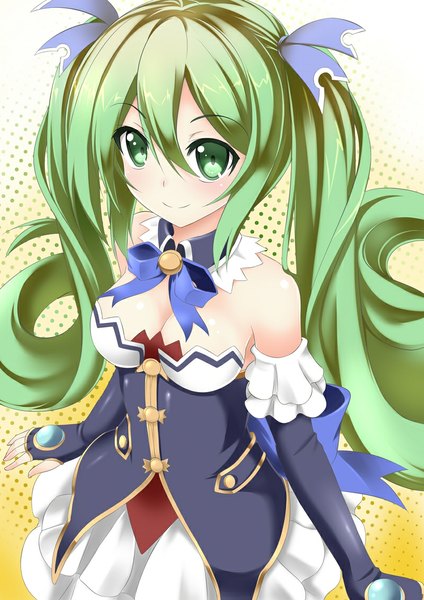 Anime picture 800x1131 with choujigen game neptune vocaloid hatsune miku catstudioinc (punepuni) single tall image looking at viewer blush smile twintails green eyes very long hair green hair cosplay girl dress detached sleeves