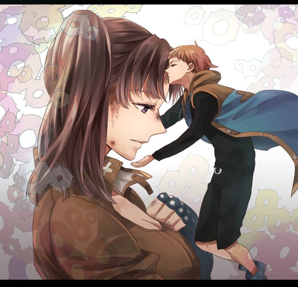 Anime picture 960x925 with nanatsu no taizai a-1 pictures diane (nanatsu no taizai) king (nanatsu no taizai) mssz long hair fringe short hair brown hair twintails purple eyes cleavage upper body bent knee (knees) eyes closed parted lips profile open jacket couple hand on chest