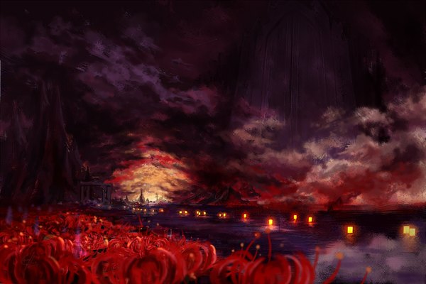 Anime picture 1800x1200 with original c.z. highres sky cloud (clouds) no people landscape river flower (flowers) plant (plants) tree (trees) building (buildings) candle (candles) higanbana