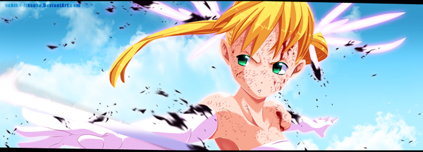 Anime picture 1107x400 with soul eater studio bones maka albarn uchiha-itasuke single long hair blonde hair wide image twintails bare shoulders green eyes sky cloud (clouds) coloring spread arms girl gloves elbow gloves white gloves blood