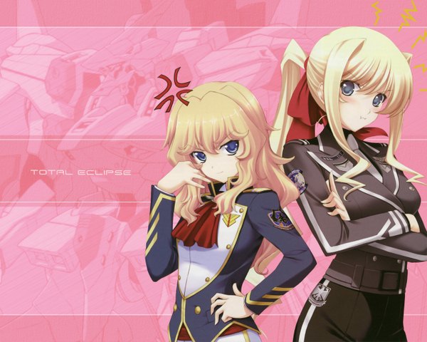 Anime picture 1280x1024 with muvluv total eclipse muv-luv long hair blue eyes blonde hair multiple girls copyright name anger vein girl 2 girls tagme