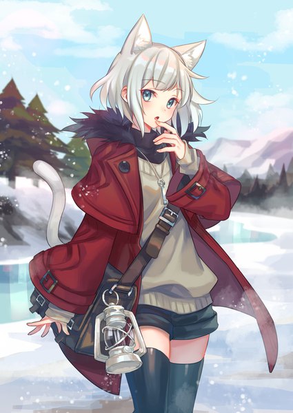Anime-Bild 1417x2000 mit original zoff (daria) single tall image looking at viewer blush fringe short hair open mouth blue eyes standing animal ears payot sky silver hair cloud (clouds) outdoors tail long sleeves animal tail