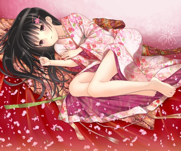 Anime picture 1300x1082 with original yuuki rika single long hair black hair brown eyes lying japanese clothes girl hair ornament petals hairclip