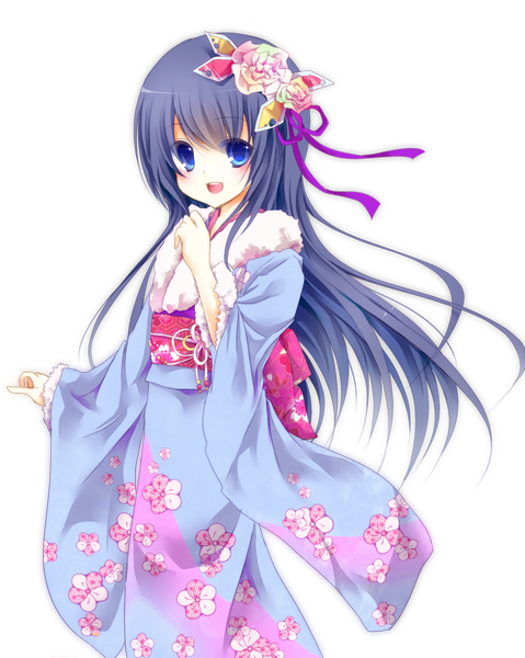 Anime picture 1181x1480 with original yonema single long hair tall image blush open mouth blue eyes blue hair traditional clothes japanese clothes hair flower transparent background girl hair ornament flower (flowers) kimono obi fur-trimmed kimono