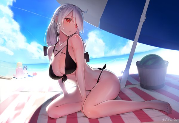 Anime picture 4334x2984 with original celeryma long hair looking at viewer blush fringe highres short hair breasts light erotic black hair blonde hair red eyes large breasts sitting twintails bare shoulders multiple girls signed absurdres