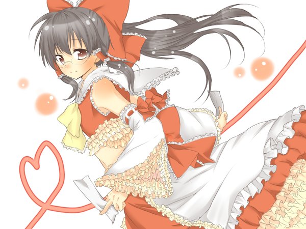 Anime picture 1700x1275 with touhou hakurei reimu cocoa (artist) single long hair highres black hair white background brown eyes miko heart of string girl skirt bow hair bow detached sleeves glasses heart skirt set