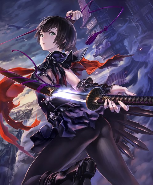 Anime picture 848x1024 with shingeki no bahamut shadowverse tsubaki (shingeki no bahamut) hisakata souji single tall image looking at viewer fringe short hair light erotic black hair holding green eyes sky cloud (clouds) bent knee (knees) ass outdoors pleated skirt looking back