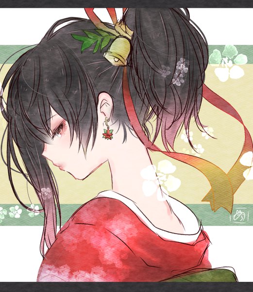 Anime picture 1095x1260 with original nora (salatto) single long hair tall image looking at viewer fringe black hair hair between eyes red eyes signed ponytail traditional clothes japanese clothes profile looking back portrait gradient hair pink lipstick asymmetrical hair