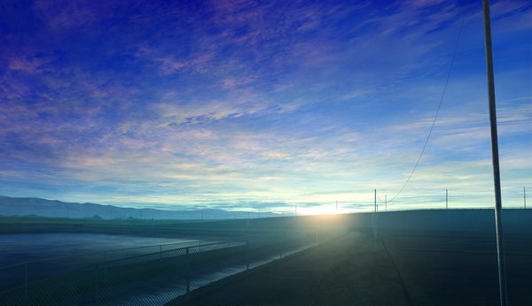 Anime picture 1644x950 with original mks wide image sky cloud (clouds) mountain no people landscape scenic river fence bridge power lines road chain-link fence pole telephone pole