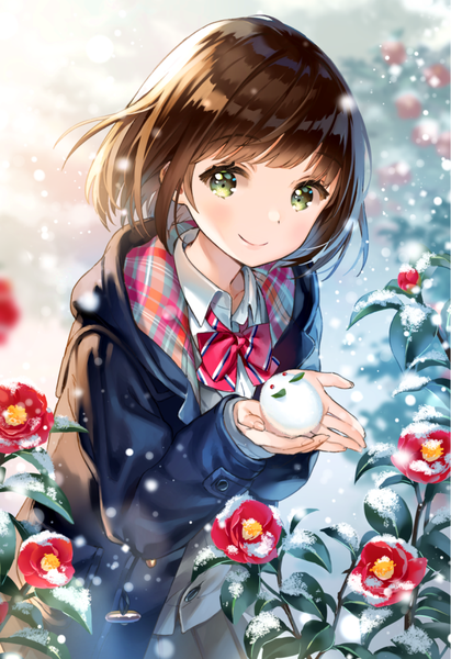 Anime picture 700x1021 with original ancotaku single tall image looking at viewer blush fringe short hair smile brown hair standing holding green eyes outdoors blunt bangs arms up snowing winter snow plaid