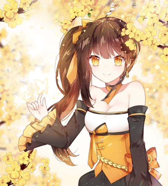 Anime-Bild 1012x1121 mit elsword ara haan g ieep single long hair tall image breasts smile brown hair bare shoulders yellow eyes cleavage upper body side ponytail butterfly on hand girl flower (flowers) bow hair bow detached sleeves