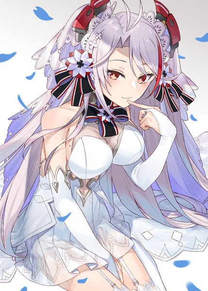 Anime picture 812x1136 with azur lane prinz eugen (azur lane) prinz eugen (symphonic fate) (azur lane) hayashi kewi single long hair tall image looking at viewer blush fringe breasts light erotic simple background smile hair between eyes brown eyes payot silver hair ahoge parted lips