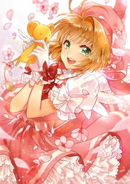 Anime picture 861x1220 with card captor sakura clamp kinomoto sakura kero (cardcaptor sakura) tamaru (pixiv) single tall image looking at viewer fringe short hair open mouth smile brown hair green eyes signed ahoge :d blurry dutch angle puffy sleeves