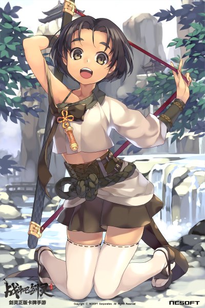 Anime picture 800x1200 with blade & soul btoor single tall image looking at viewer short hair open mouth black hair brown eyes girl thighhighs weapon white thighhighs sword leaf (leaves)