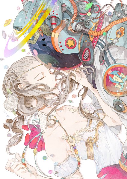 Anime picture 700x990 with original flowerchorus long hair tall image bare shoulders cleavage eyes closed hair flower grey hair couple floating hair astronaut girl dress boy flower (flowers) detached sleeves white dress star (symbol) spacesuit