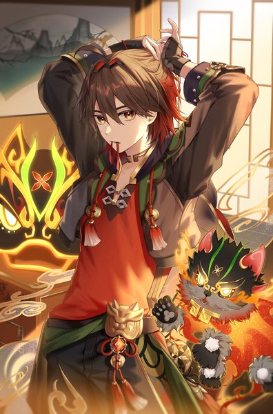 Anime picture 1583x2400 with genshin impact gaming (genshin impact) man chai (genshin impact) kawausoman single tall image fringe short hair hair between eyes brown hair standing holding brown eyes indoors mouth hold adjusting hair tying hair ribbon in mouth boy tassel