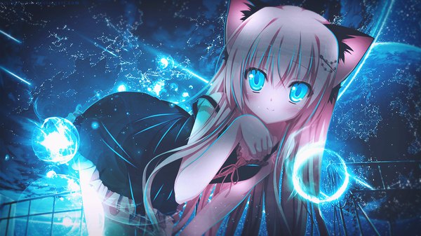 Anime-Bild 1366x768 mit oni gokko! sumiyoshi kureha nimura yuuji cola (pixiv) umiokimura single long hair looking at viewer blush blonde hair wide image animal ears aqua eyes light smile cat ears wallpaper strap slip third-party edit space paw pose