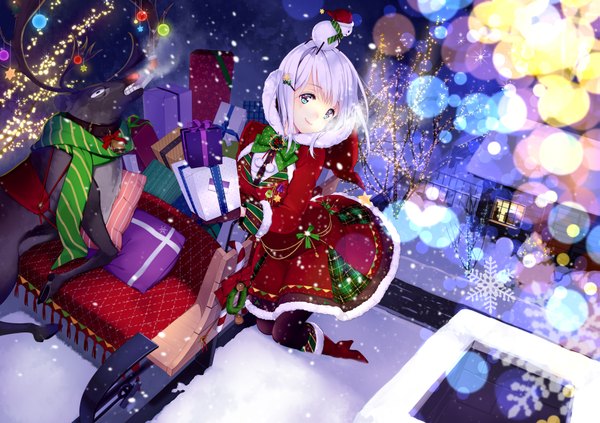 Anime picture 1719x1214 with original rozer single looking at viewer highres short hair blue eyes white hair light smile fur trim kneeling snowing winter exhalation girl dress animal pantyhose boots star (symbol)