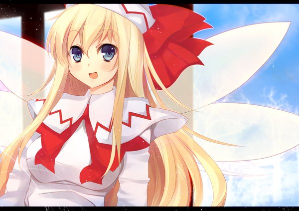 Anime picture 2000x1413 with touhou lily white benio (dontsugel) single long hair looking at viewer blush highres open mouth blue eyes blonde hair girl dress hat wings