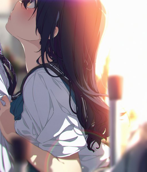 Anime picture 2845x3336 with original ogipote long hair tall image blush fringe highres black hair hair between eyes green eyes payot upper body indoors profile sunlight short sleeves orange eyes depth of field looking up solo focus