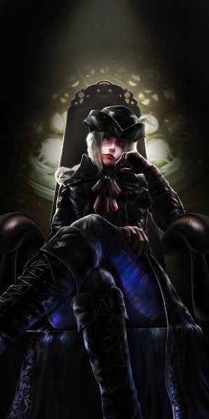 Anime picture 3000x6000 with bloodborne from software lady maria of the astral clocktower kurotokusa single long hair tall image looking at viewer highres red eyes sitting silver hair realistic from below crossed legs lacing girl gloves hat black gloves
