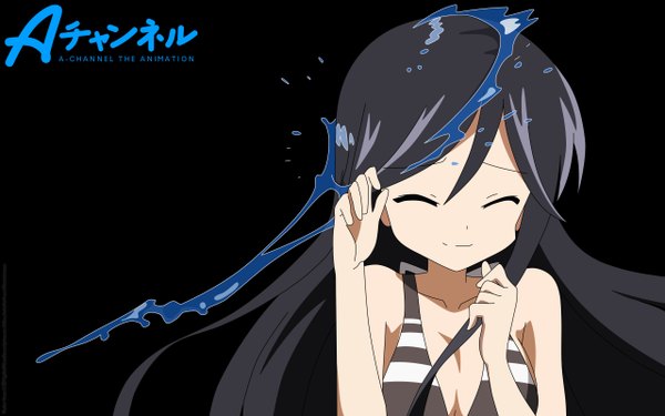 Anime picture 2560x1600 with a channel nishi yuuko single long hair fringe highres light erotic black hair simple background smile hair between eyes wide image bare shoulders upper body eyes closed inscription copyright name hieroglyph black background girl