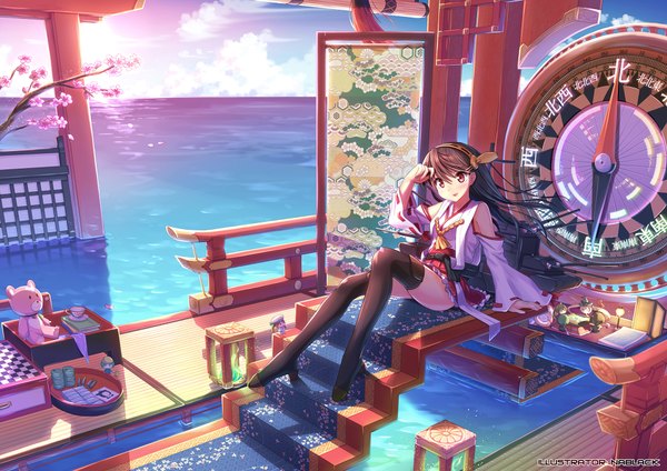 Anime picture 1920x1358 with kantai collection haruna battleship error musume (kantai collection) majokko (kantai collection) midori (kantai collection) hiyoko (kantai collection) cha (kantai collection) kuro-kun (nablack) long hair looking at viewer blush highres brown hair sitting bare shoulders brown eyes cloud (clouds) girl thighhighs hair ornament