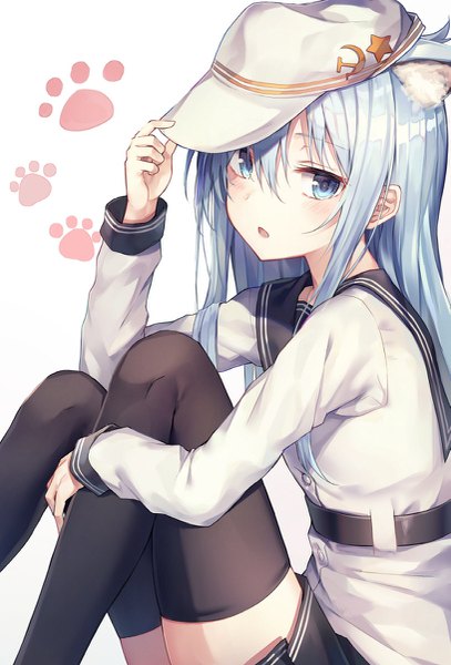 Anime picture 815x1200 with kantai collection hibiki destroyer verniy destroyer huwari (dnwls3010) single long hair tall image looking at viewer blush fringe blue eyes simple background hair between eyes white background sitting animal ears payot blue hair bent knee (knees) cat ears