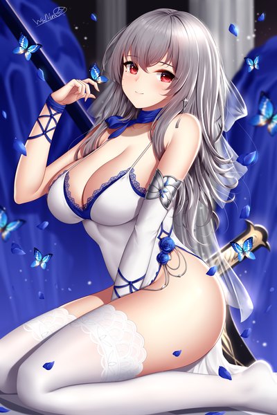 Anime picture 1400x2100 with azur lane saint-louis (azur lane) saint-louis (brilliant paladin) (azur lane) wsman single long hair tall image looking at viewer blush fringe breasts light erotic smile hair between eyes red eyes sitting signed cleavage arm up grey hair