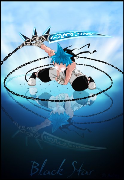 Anime picture 900x1300 with soul eater studio bones black star nakatsukasa tsubaki azley single tall image short hair blue hair inscription coloring torn clothes glowing reflection glowing eye (eyes) muscle blank eyes boy weapon chain