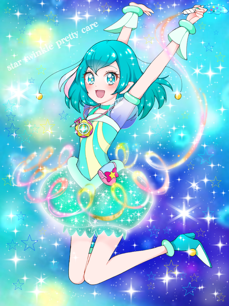 Anime picture 768x1024 with precure star twinkle precure toei animation hagoromo lala cure milky kumaneko single tall image looking at viewer blush fringe short hair hair between eyes holding full body bent knee (knees) aqua eyes aqua hair arms up sparkle