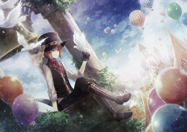 Anime picture 1227x868 with original angel31424 single short hair sky cloud (clouds) orange hair grey eyes dutch angle outstretched arm bird on hand boy gloves plant (plants) animal shirt black gloves white shirt bird (birds) bell