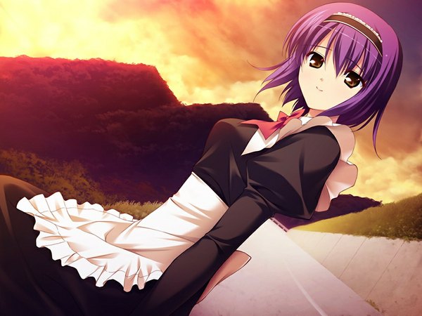 Anime picture 1024x768 with hoshiuta hirose koume short hair brown eyes game cg purple hair maid evening sunset girl