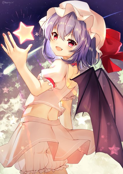 Anime picture 2480x3508 with touhou remilia scarlet nenobi (nenorium) single tall image blush fringe highres short hair open mouth hair between eyes red eyes signed purple hair nail polish :d midriff puffy sleeves twitter username bat wings