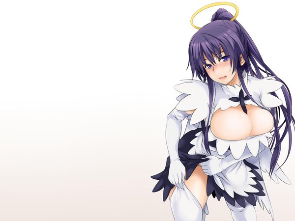 Anime picture 1600x1200 with to aru majutsu no index j.c. staff kanzaki kaori long hair blush open mouth light erotic white background cleavage ponytail sweat sweatdrop waitress thighhighs gloves white thighhighs elbow gloves halo
